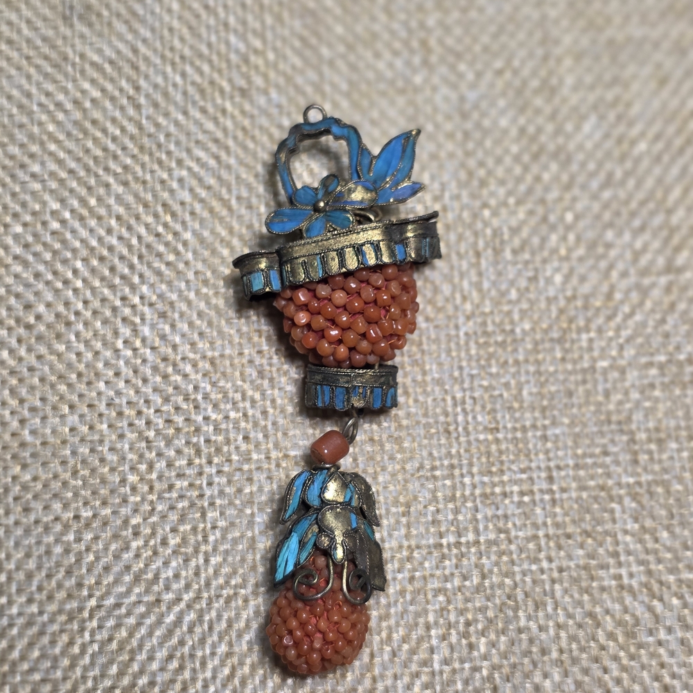 Antique Chinese Kingfisher Feather Pendant with Coral Beads